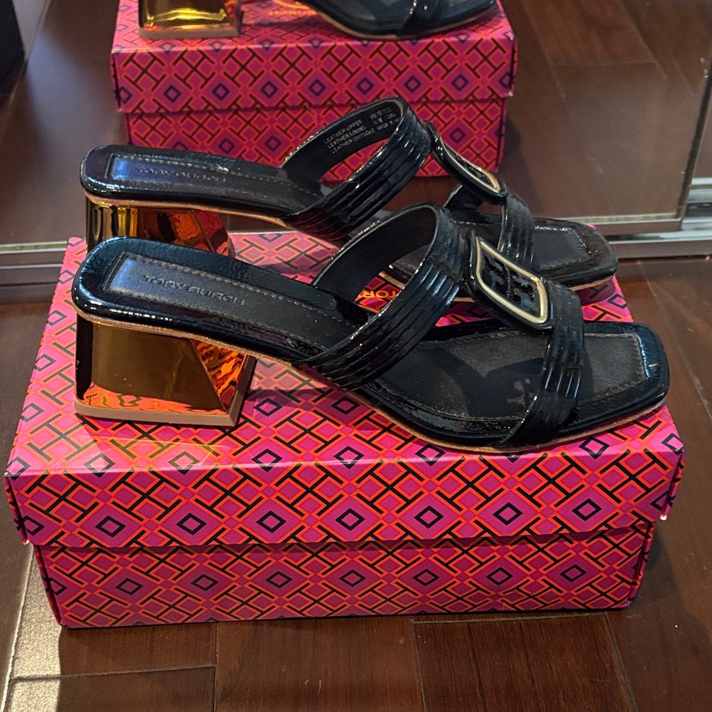 Tory Burch Black and Gold Heels